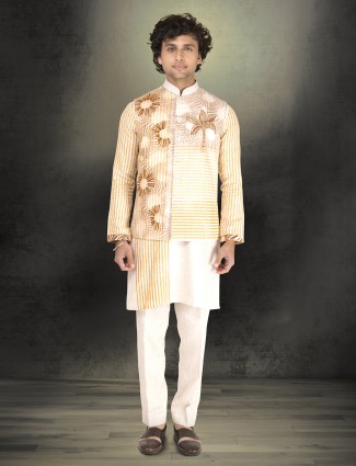 White and yellow block print linen waistcoat set