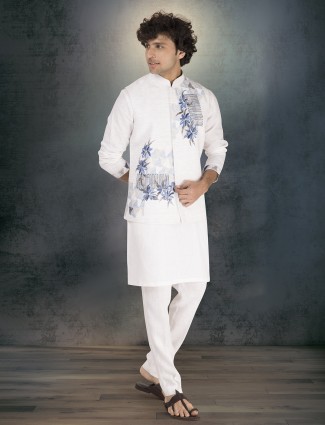 White pure linen block printed waistcoat ensemble