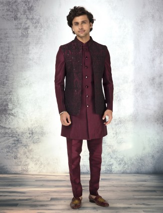 Wine silk sequined embroidered waistcoat set