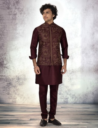 Royal wine silk waistcoat set for men