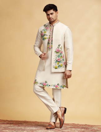 Beige silk handprinted waistcoat set  for men