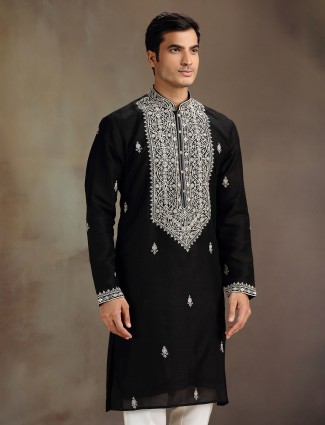 Black silk aabla embroidered wedding celebration kurta suit