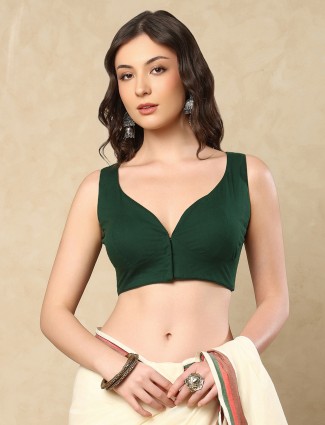 Bottle green cotton sweetheart neck sleeveless blouse