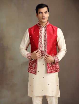 Cream and red silk mirror work waistcoat set