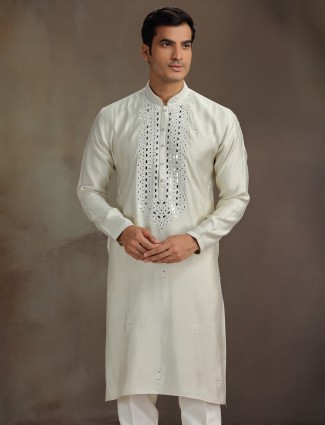 Cream silk aabla embroidered reception kurta suit