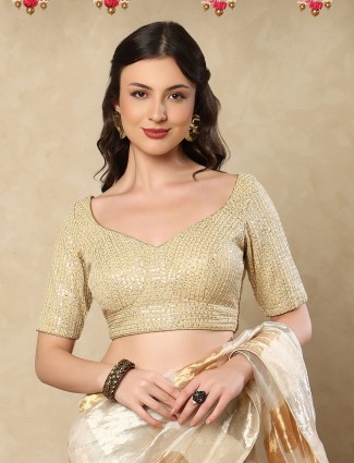 Gold georgette sweetheart neck embroidered back open blouse