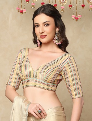 Gold georgette V neck embroidered elbow sleeves blouse