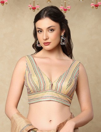 Gold georgette V neck embroidered sleeveless blouse