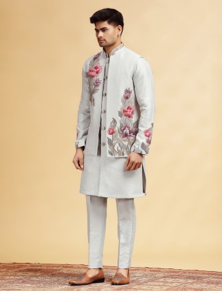 Grey silk printed waistcoat set with cutdana