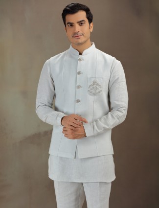 Light grey linen waistcoat set for men