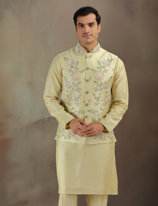 Light yellow silk elegant waistcoat set for men