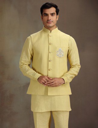 Light yellow linen festive waistcoat set for men