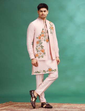 Light pink printed waistcoat set with cutdana