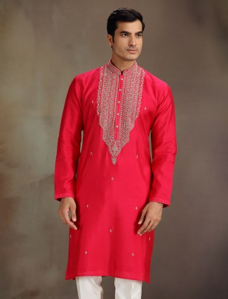 Magenta silk beaded sequined thread work kurta suit