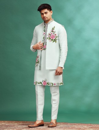 Mint blue printed wedding waistcoat set