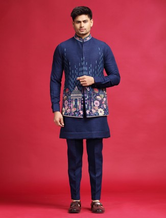 Navy silk embroidered waistcoat set for wedding