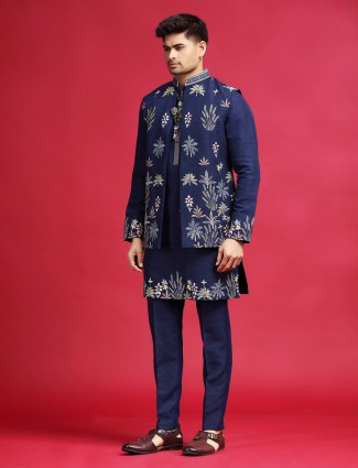 Navy silk waistcoat set with elegant embroidery