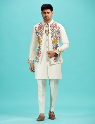 Off white printed waistcoat set with luxe cutdana