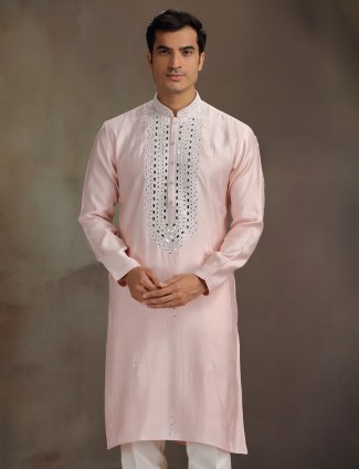 Peach silk embroidered aabla wedding festive kurta suit