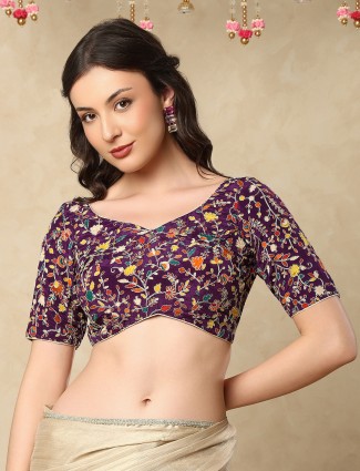Purple silk sweetheart neck embroidered back open blouse
