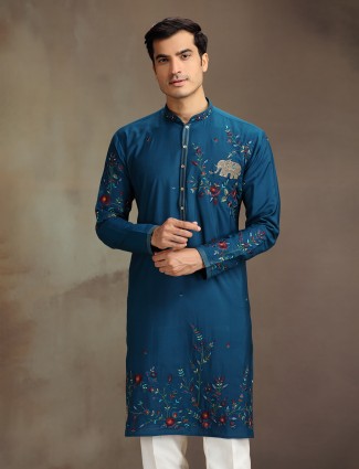 Rama blue silk stone embroidered regal kurta suit
