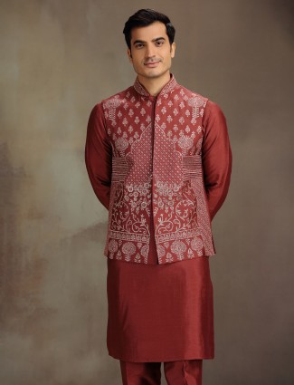 Red cotton silk festive men’s waistcoat set
