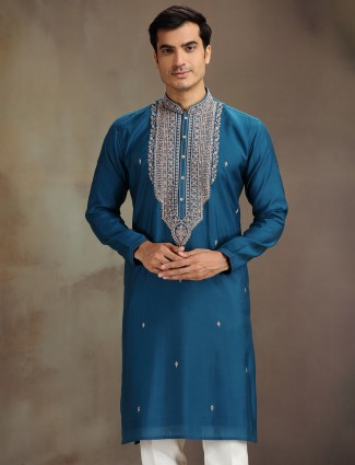 Royal blue silk sequined thread embellished kurta suit