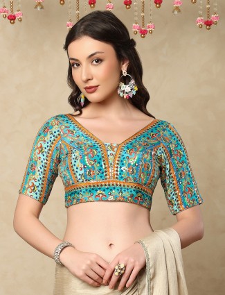 Sea blue silk V neck embroidered back open blouse