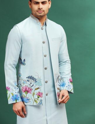 Sky blue printed waistcoat set for wedding