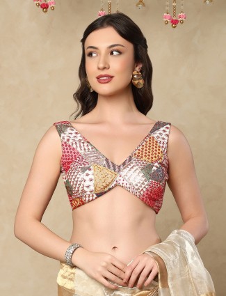 White georgette V neck embroidered back open blouse