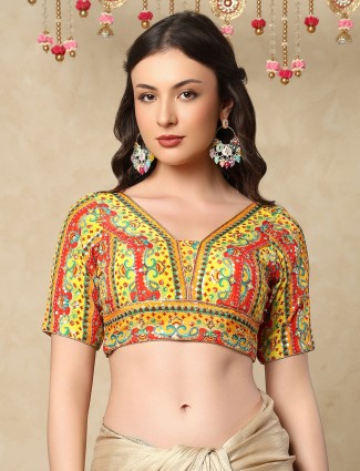 Yellow silk V neck embroidered back open blouse