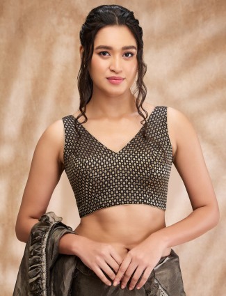 Black brocade V neck zari weaving sleeveless blouse