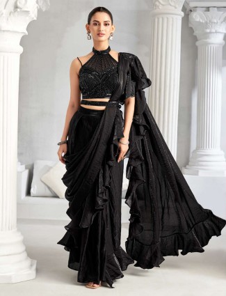 Black chiffon ready saree with designer belt