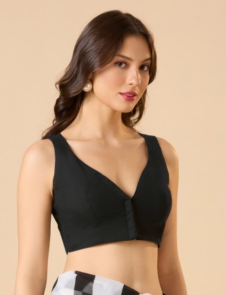 Black cotton front open sweetheart neck ready blouse