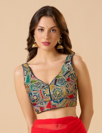 Blue georgette embroidered sequin sweetheart neck blouse