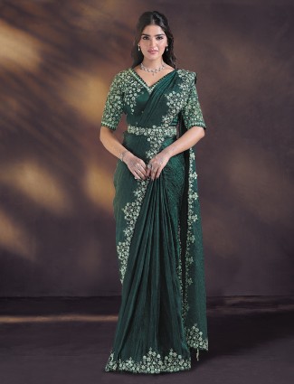 Bottle green satin silk saree with stone artistry