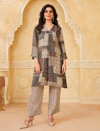 Cream brown silk printed salwar suit charm