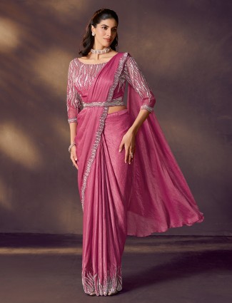 Dark pink crush satin silk saree with cutdana sparkle