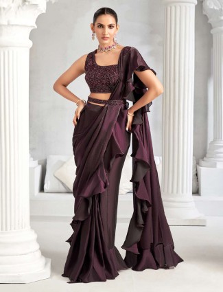 Dark wine chiffon ready to wear saree for women