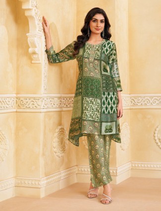 Green silk printed festive wear salwar suit