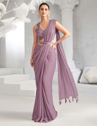 Lilac purple embellished chiffon ready to wear saree