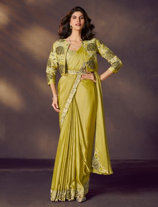 Mehendi green satin silk saree with patchwork elegance