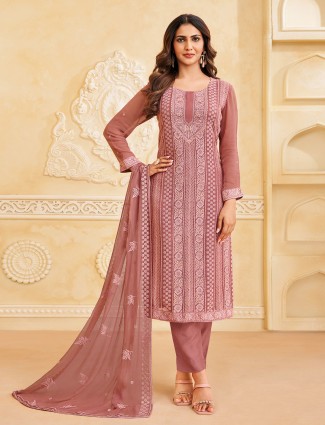 Onion pink georgette salwar suit with threadwork