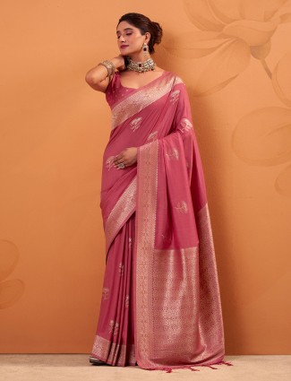Onion pink tusser silk saree with radiant zari touch
