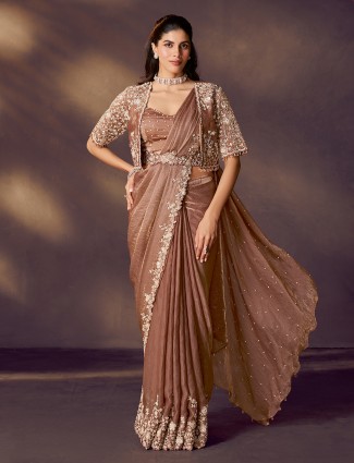 Pastel brown satin silk saree with jacket elegance