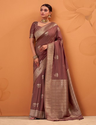 Pastel brown tusser silk saree with subtle zari charm