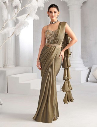 Pastel mehendi green chiffon saree with waist belt