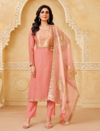 Peach chiffon salwar suit with rich zari dupatta
