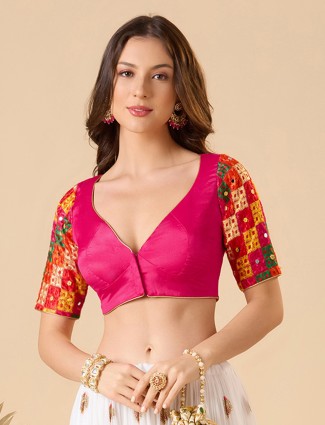 Pink chinon embroidered mirror work blouse