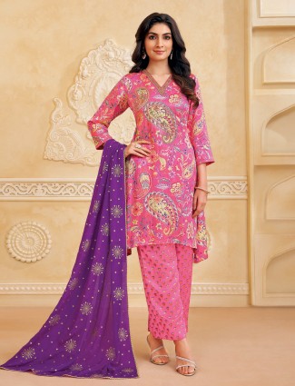 Pink silk printed salwar suit with sequins glow